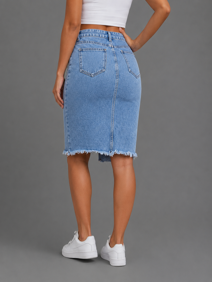 Womens high waist midi denim skirt, view 3