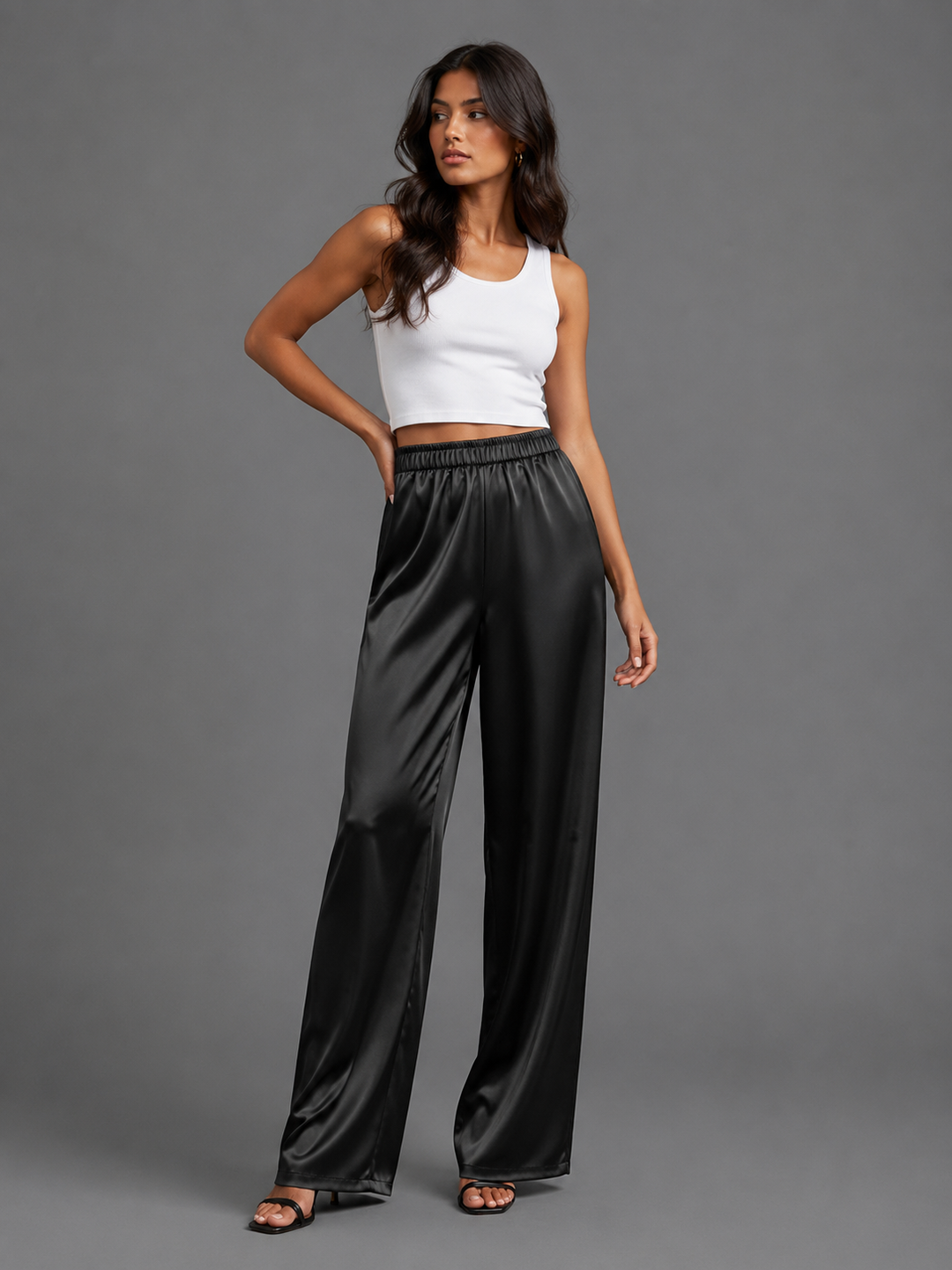 Womens wide leg satin trousers, view 2
