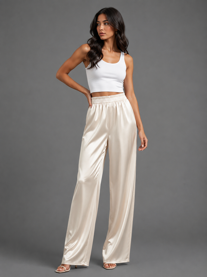 Womens wide leg satin trousers, view 3