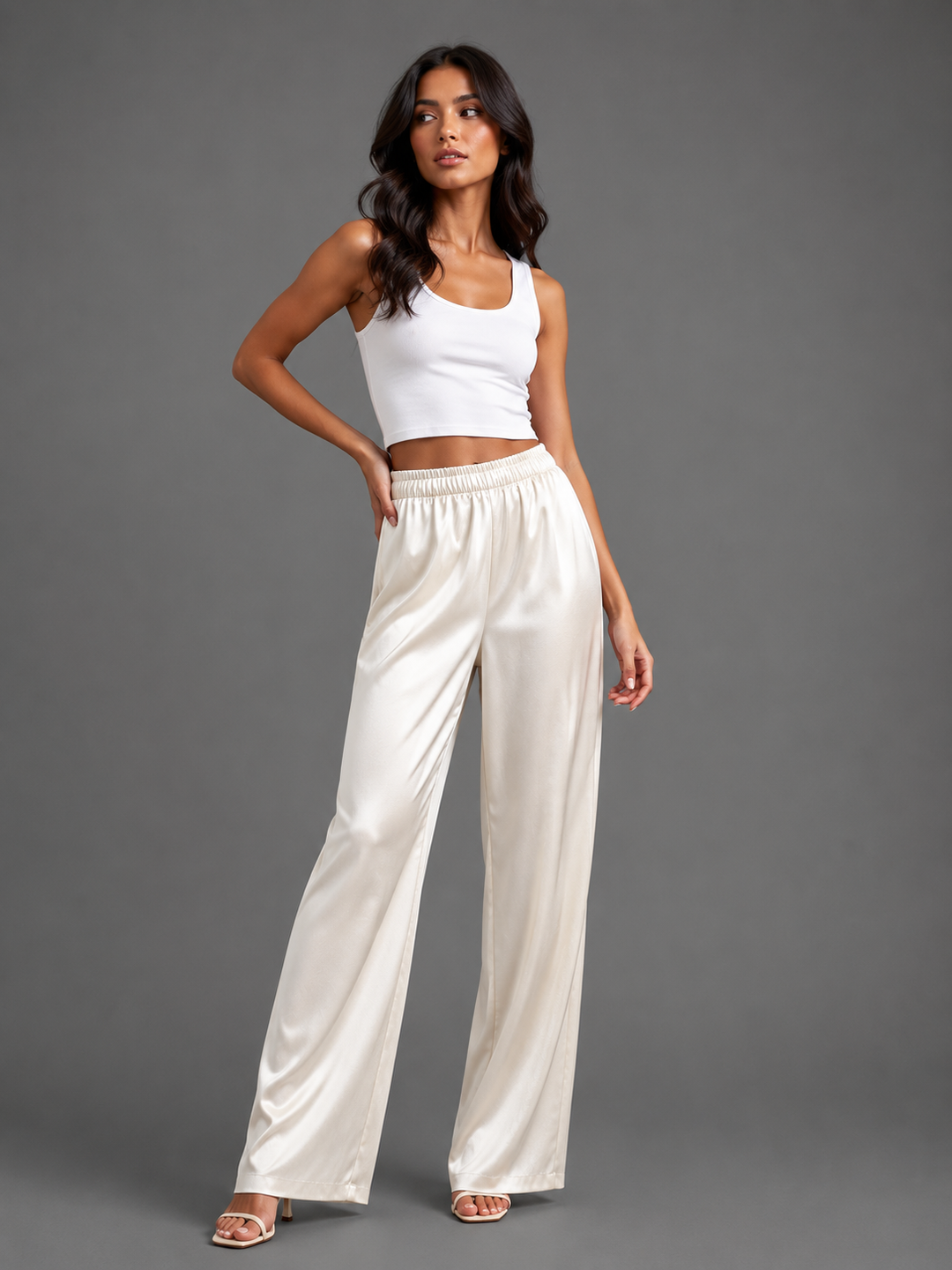 Womens wide leg satin trousers, view 4