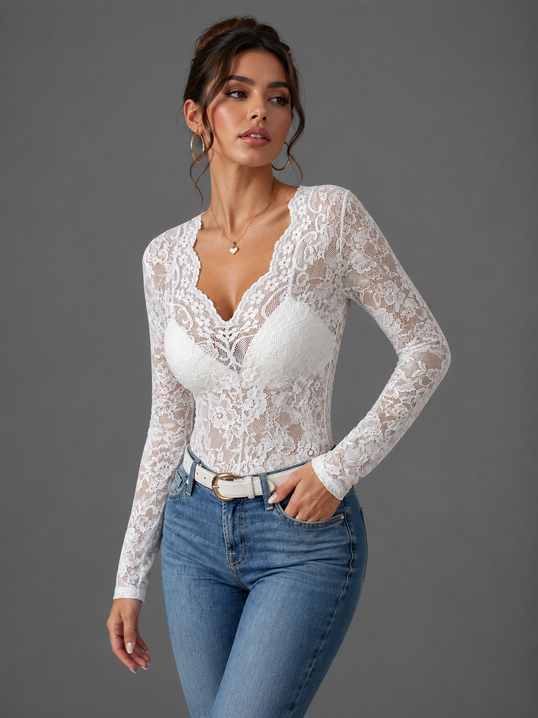 Womens lace long sleeve V-neck top, view 4