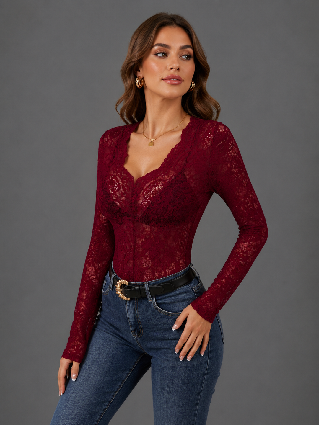 Womens lace long sleeve V-neck top, view 5