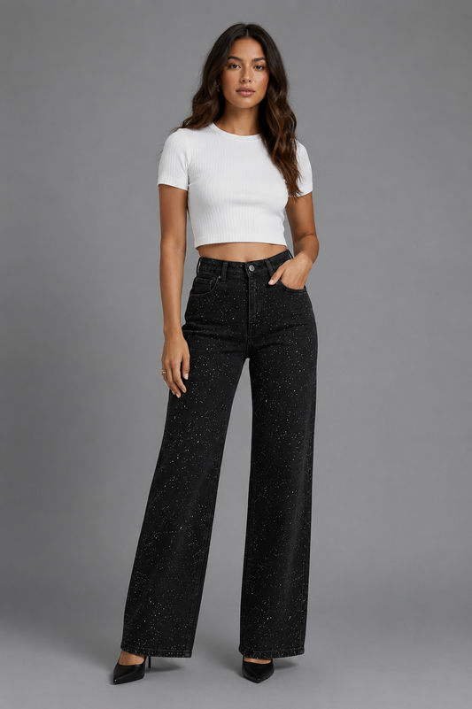 Womens wide leg embellished jeans, view 2