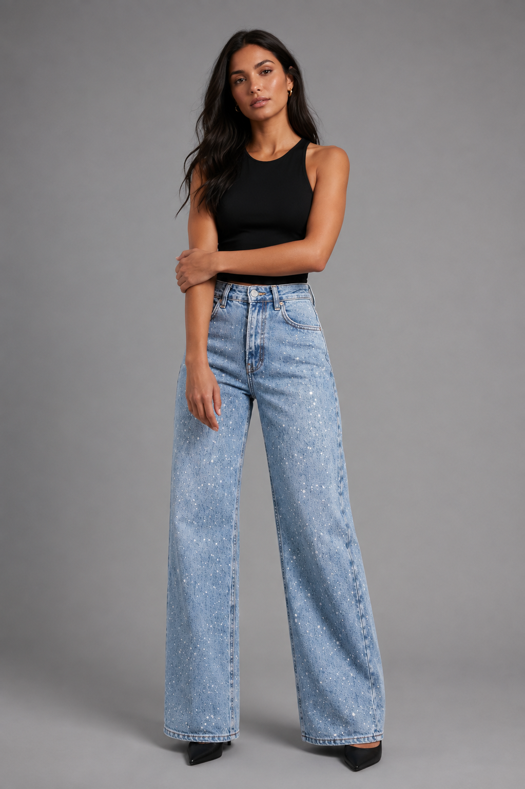 Womens wide leg embellished jeans, view 3