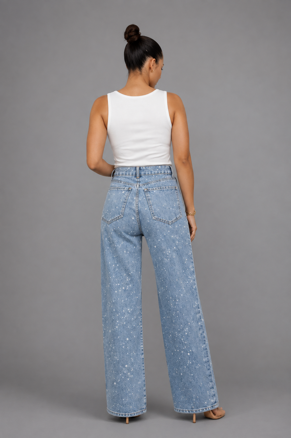 Womens wide leg embellished jeans, view 4