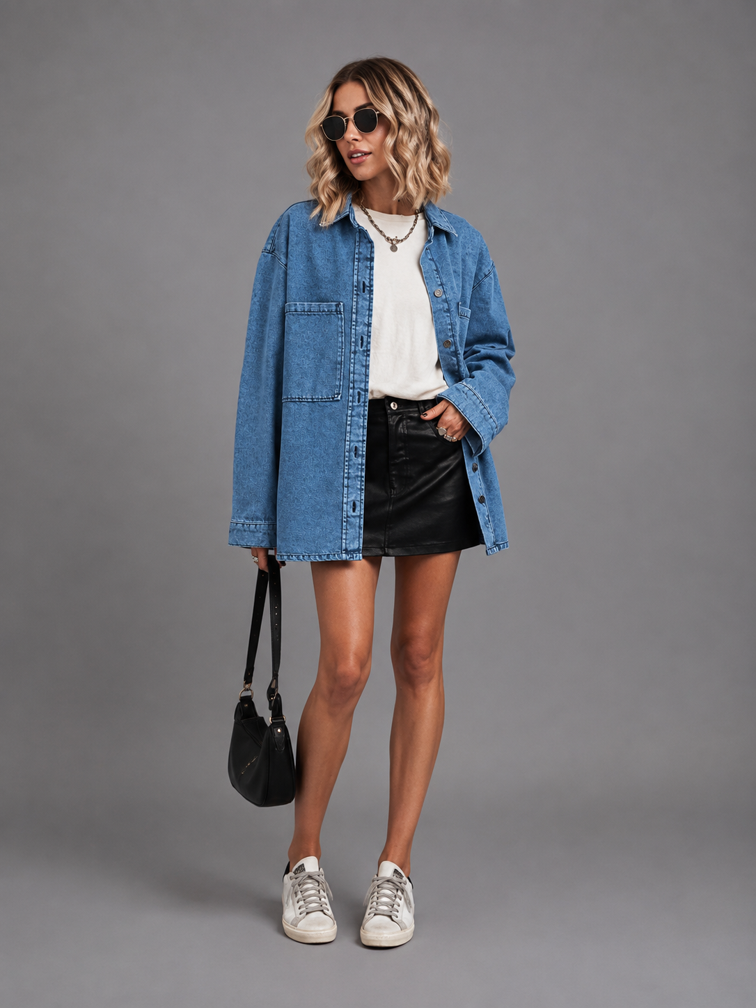 Womens oversized denim shacket, view 2