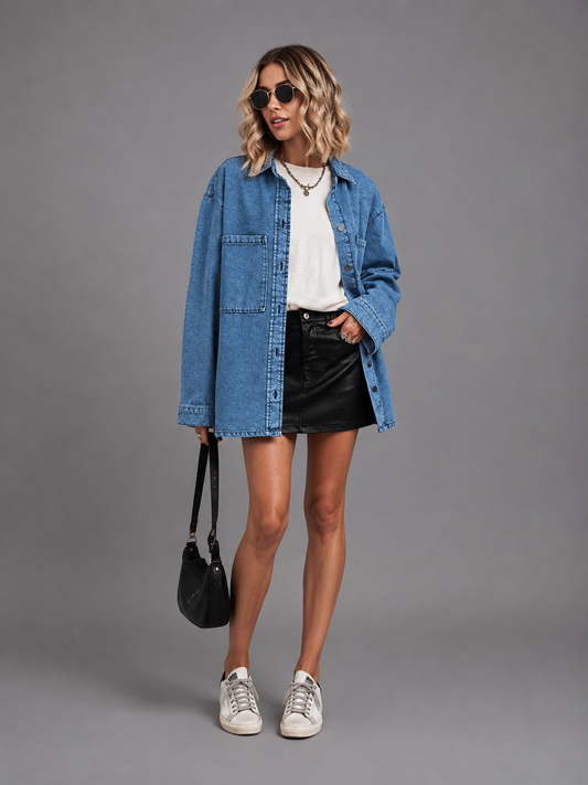 Womens oversized denim shacket, view 2