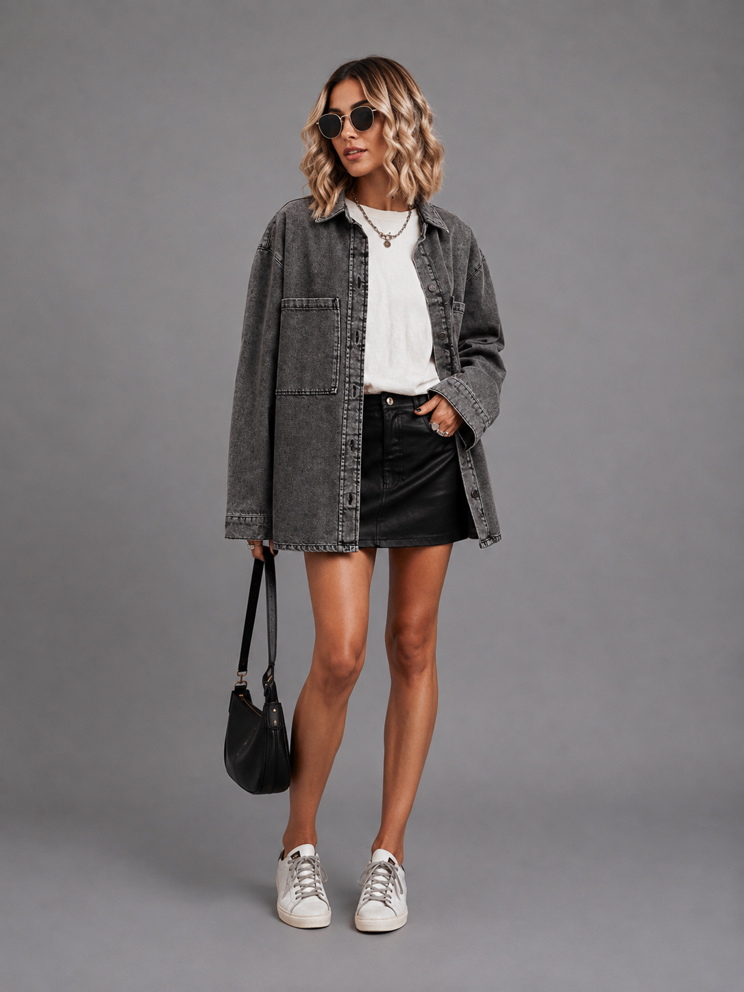 Womens oversized denim shacket, view 3