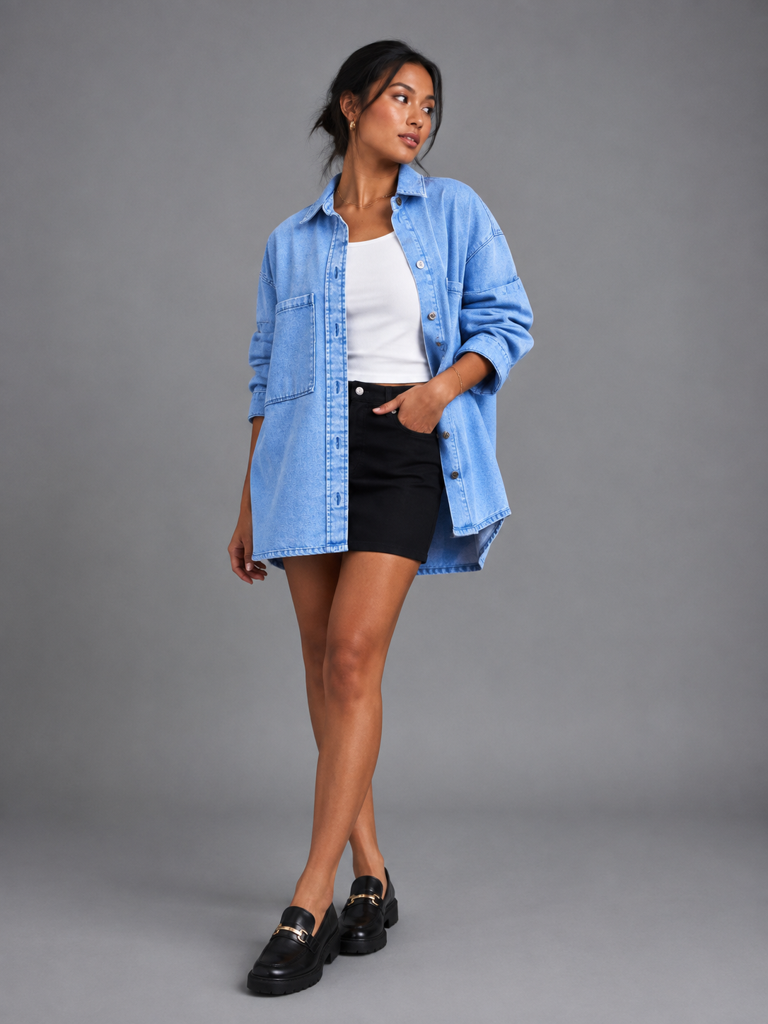 Womens oversized denim shacket, view 4