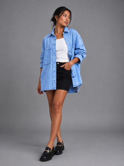 Womens oversized denim shacket, view 4