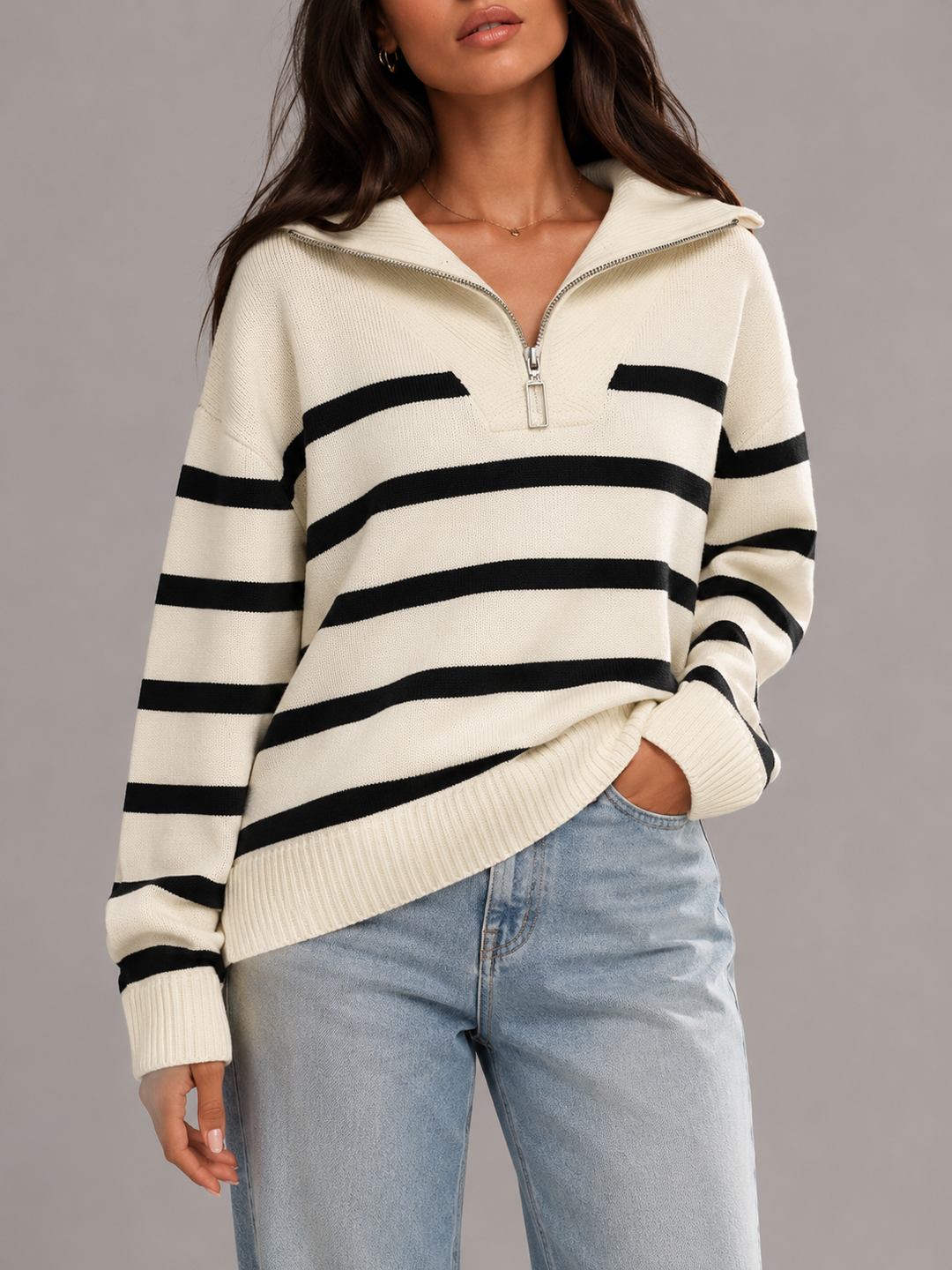 Isla | Striped Quarter-Zip Knit Jumper