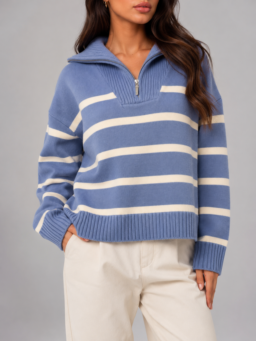 Isla | Striped Quarter-Zip Knit Jumper