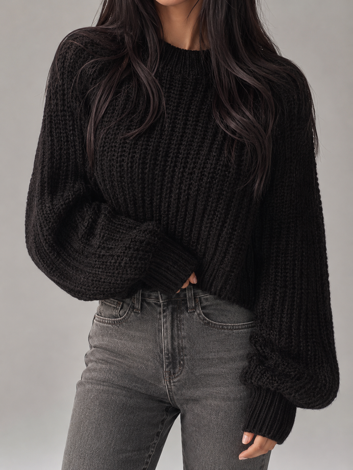 Womens chunky knit cropped jumper mock neck, view 2