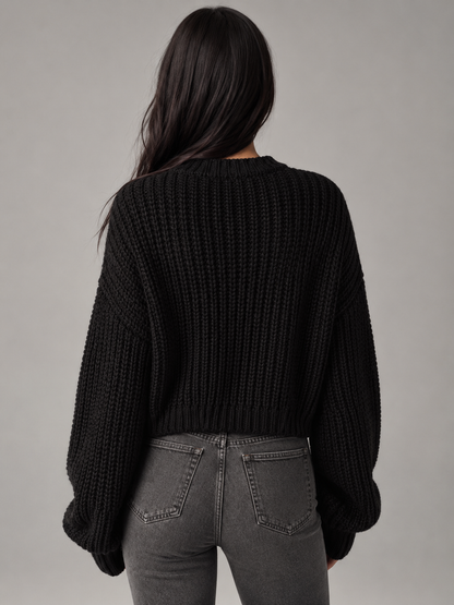 Womens chunky knit cropped jumper mock neck, view 6