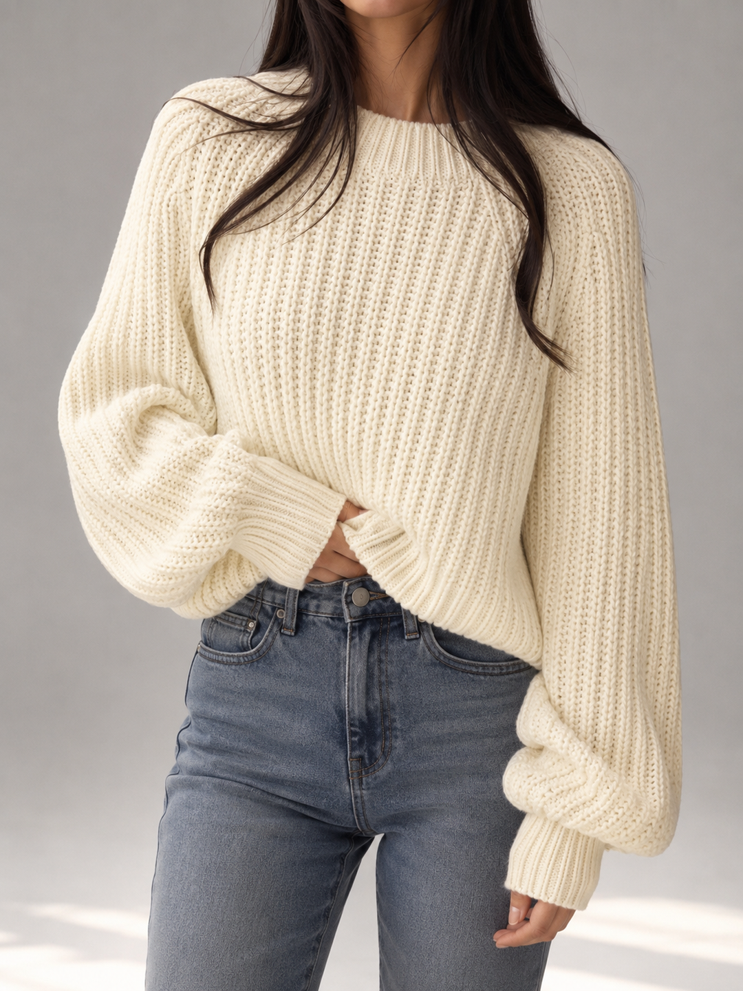 Womens chunky knit cropped jumper mock neck, view 3