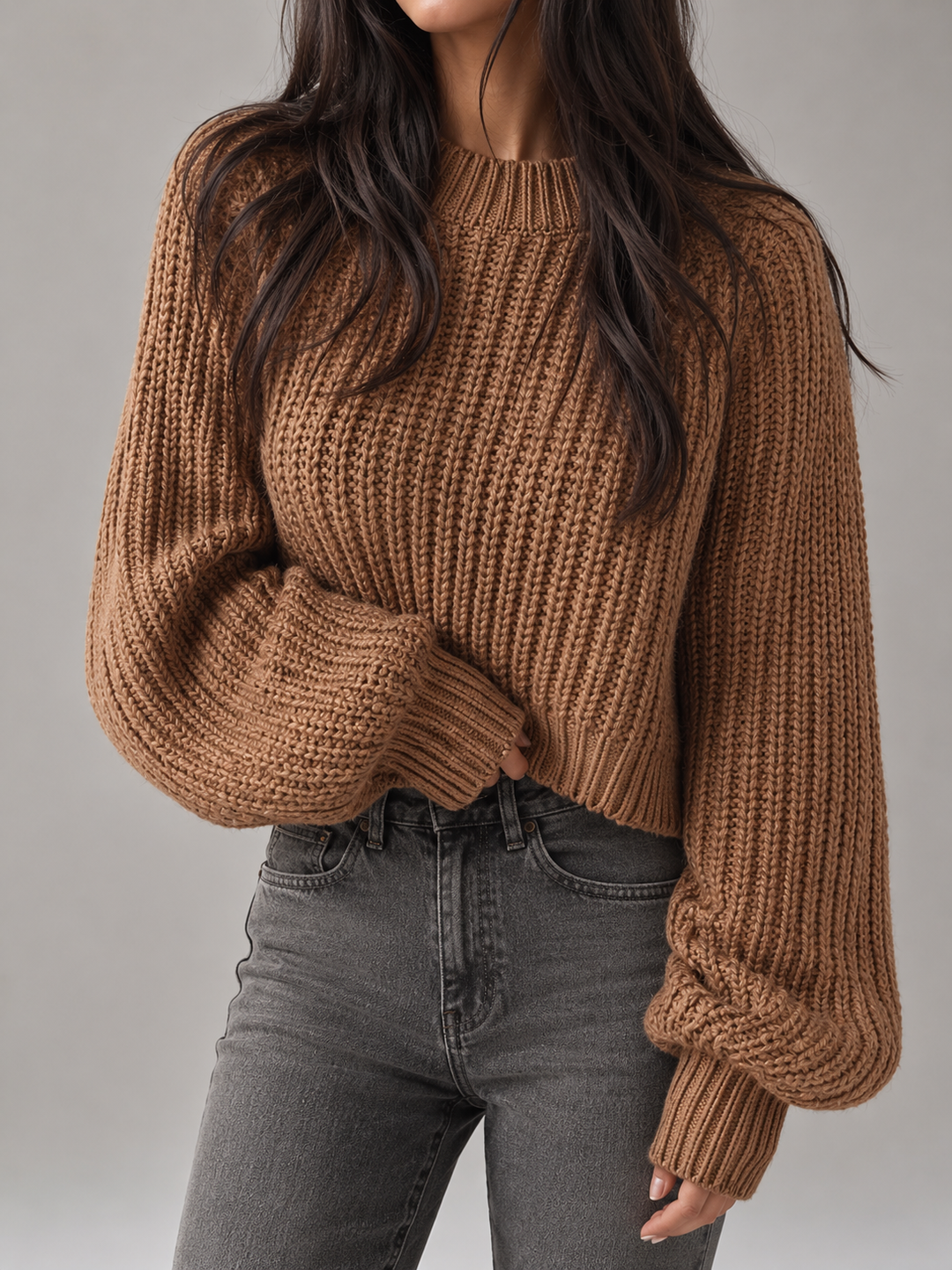 Womens chunky knit cropped jumper mock neck, view 4