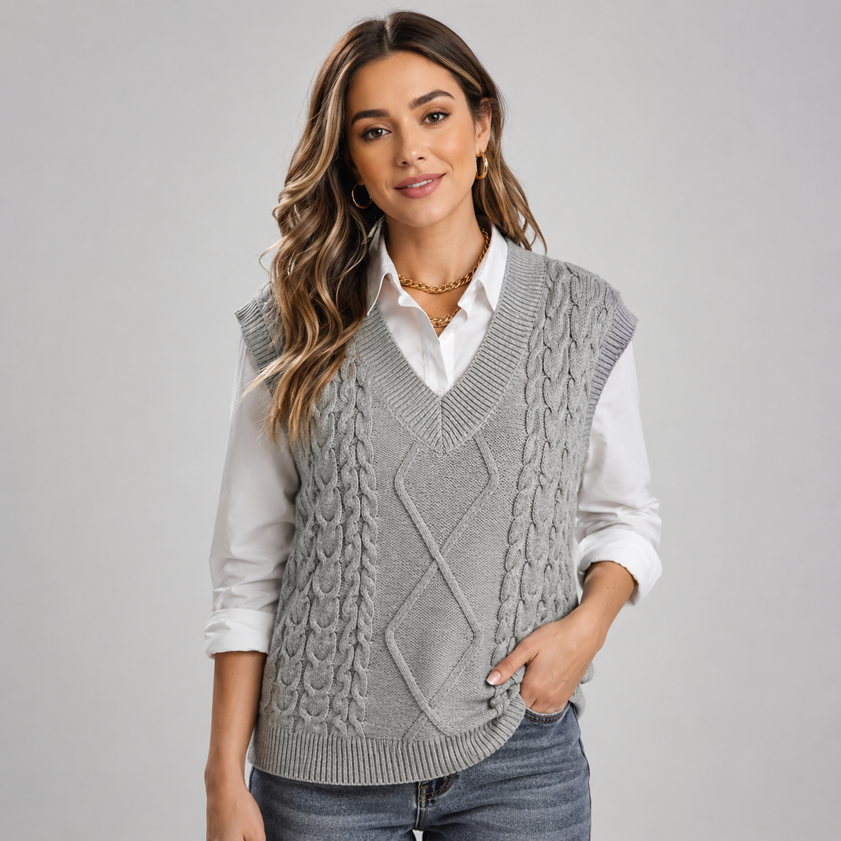 Womens cable knit sweater tank top v-neck, view 1