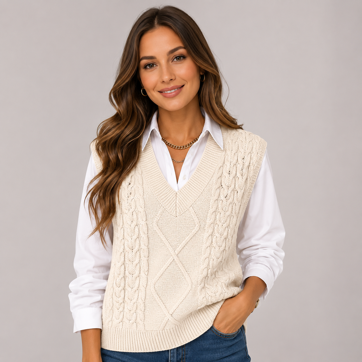 Womens cable knit sweater tank top v-neck, view 2