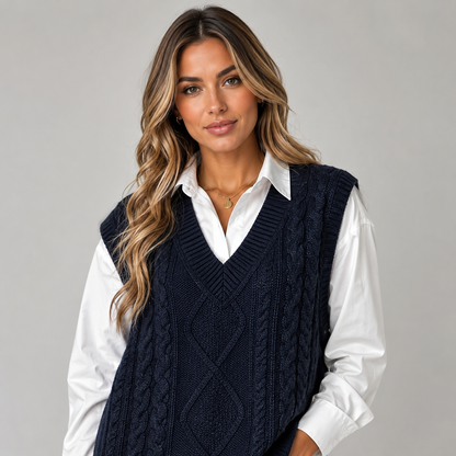 Womens cable knit sweater tank top v-neck, view 3
