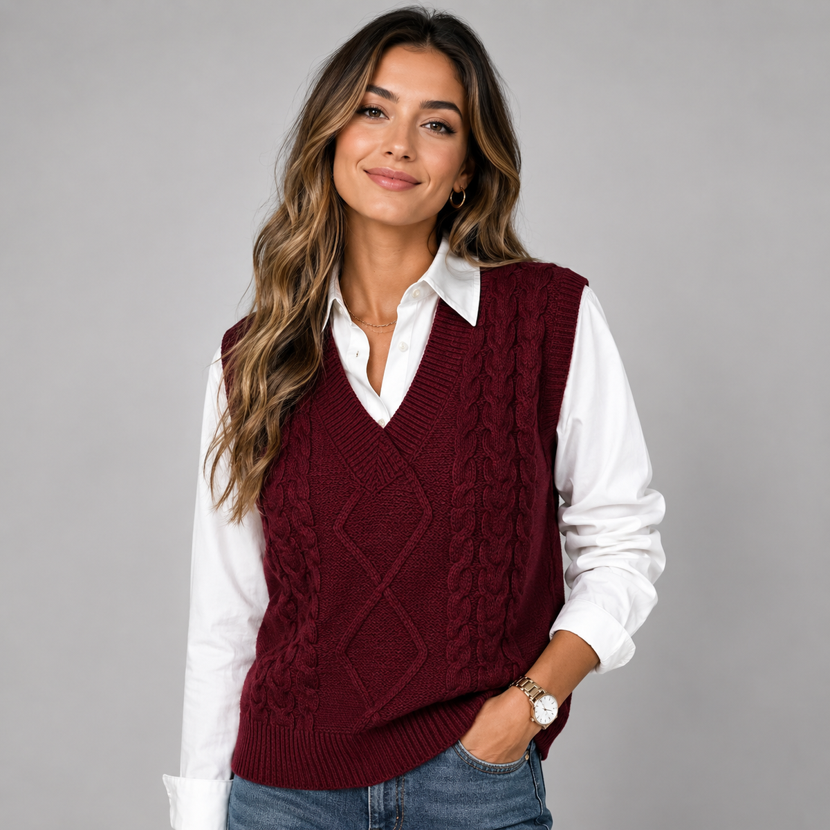 Womens cable knit sweater tank top v-neck, view 4