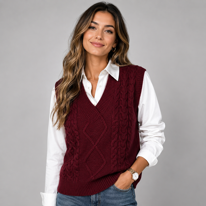 Womens cable knit sweater tank top v-neck, view 4