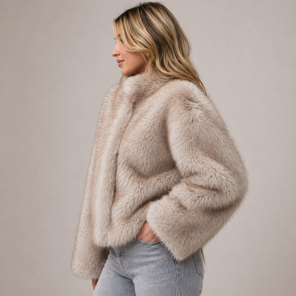 Womens faux fur cropped jacket, view 4