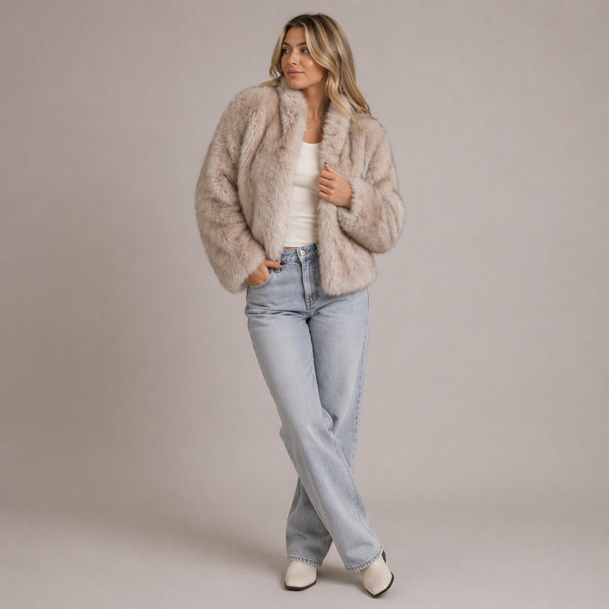 Womens faux fur cropped jacket, view 1