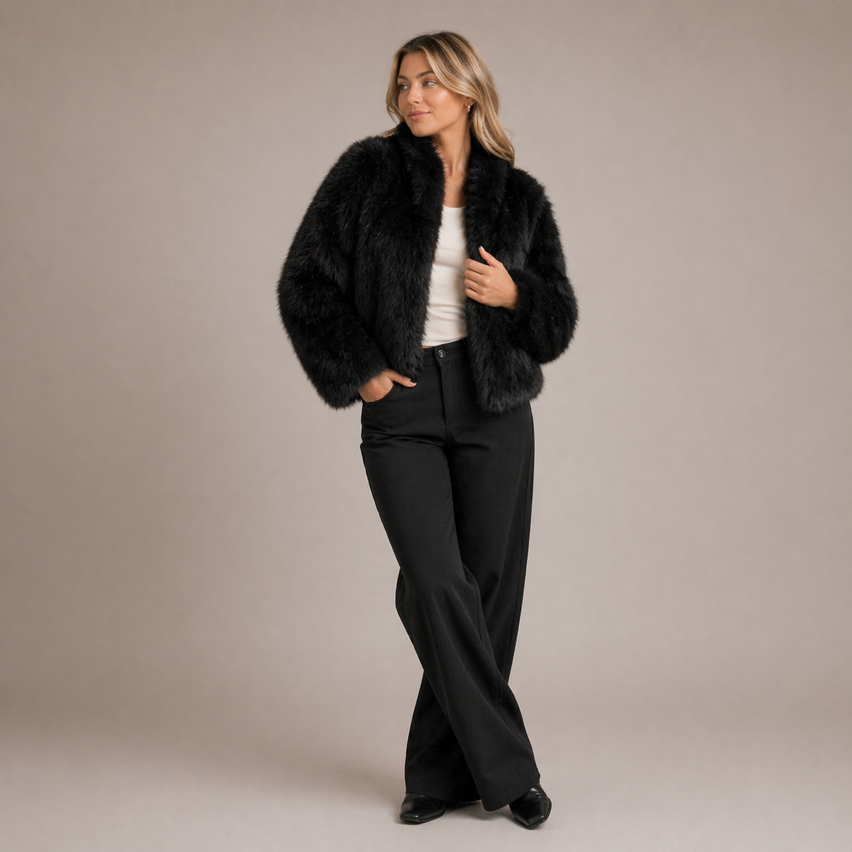Womens faux fur cropped jacket, view 2