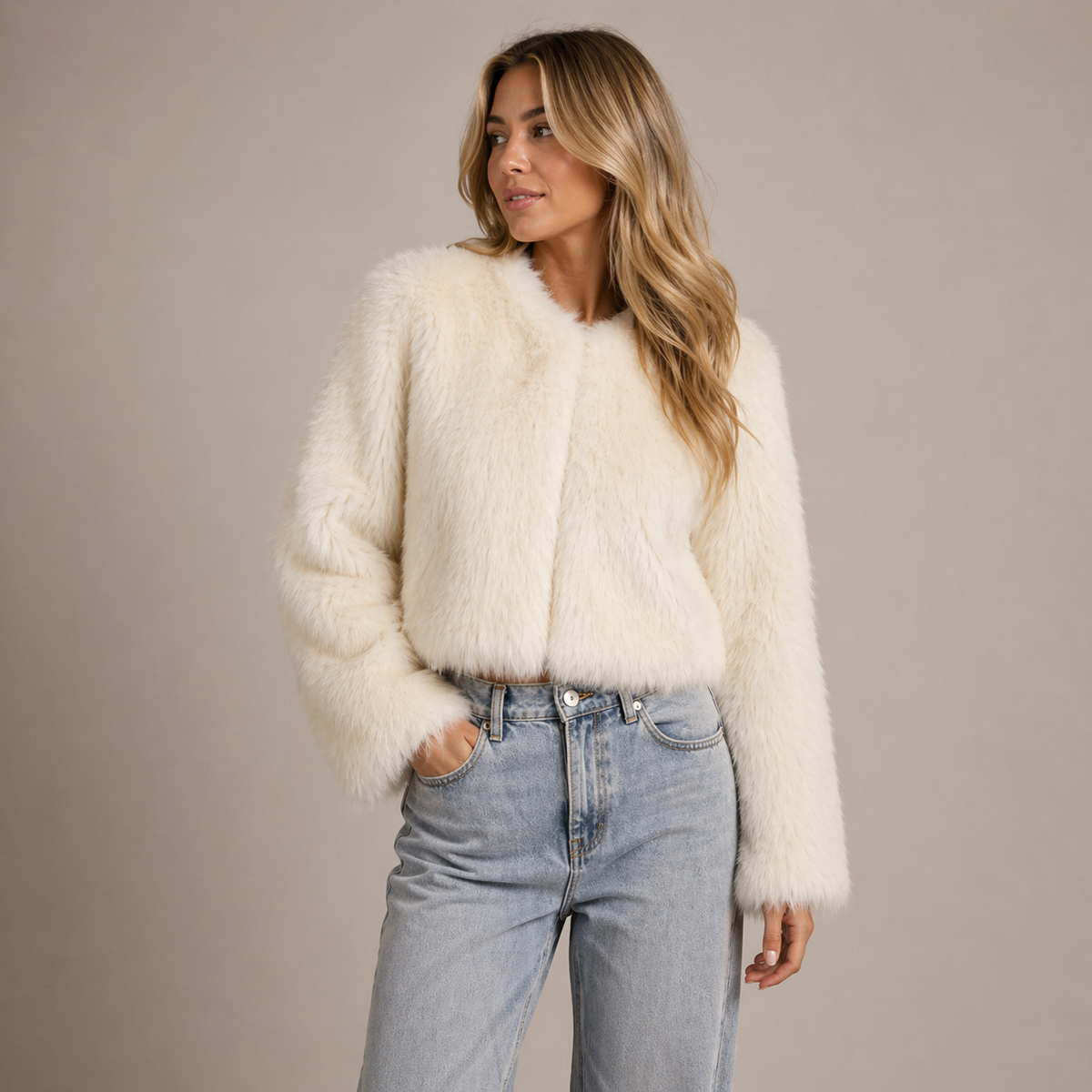 Womens faux fur cropped jacket, view 3