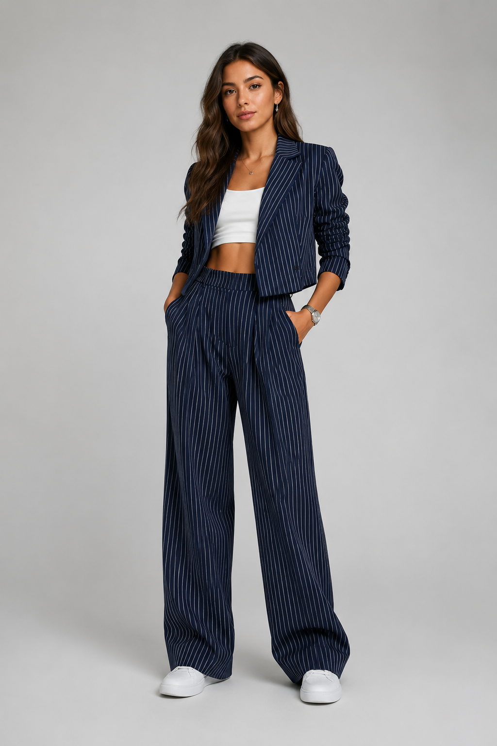 Savannah | Navy Pinstripe Wide-Leg Trouser Set