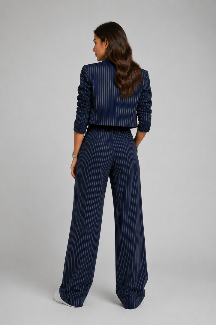 Savannah | Navy Pinstripe Wide-Leg Trouser Set