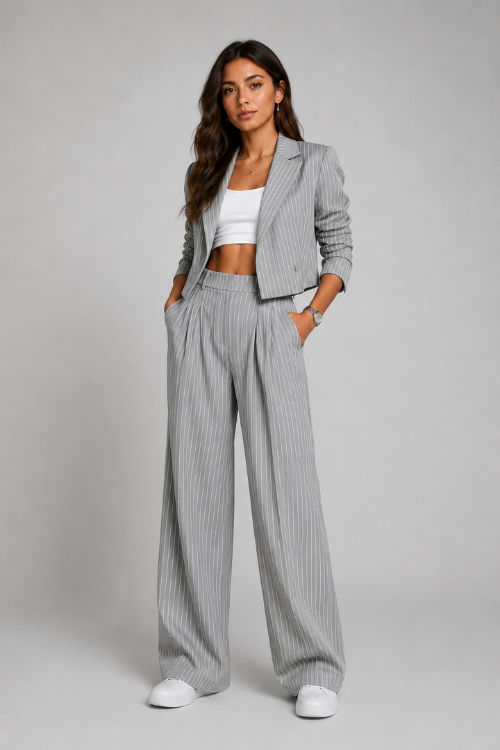 Savannah | Navy Pinstripe Wide-Leg Trouser Set