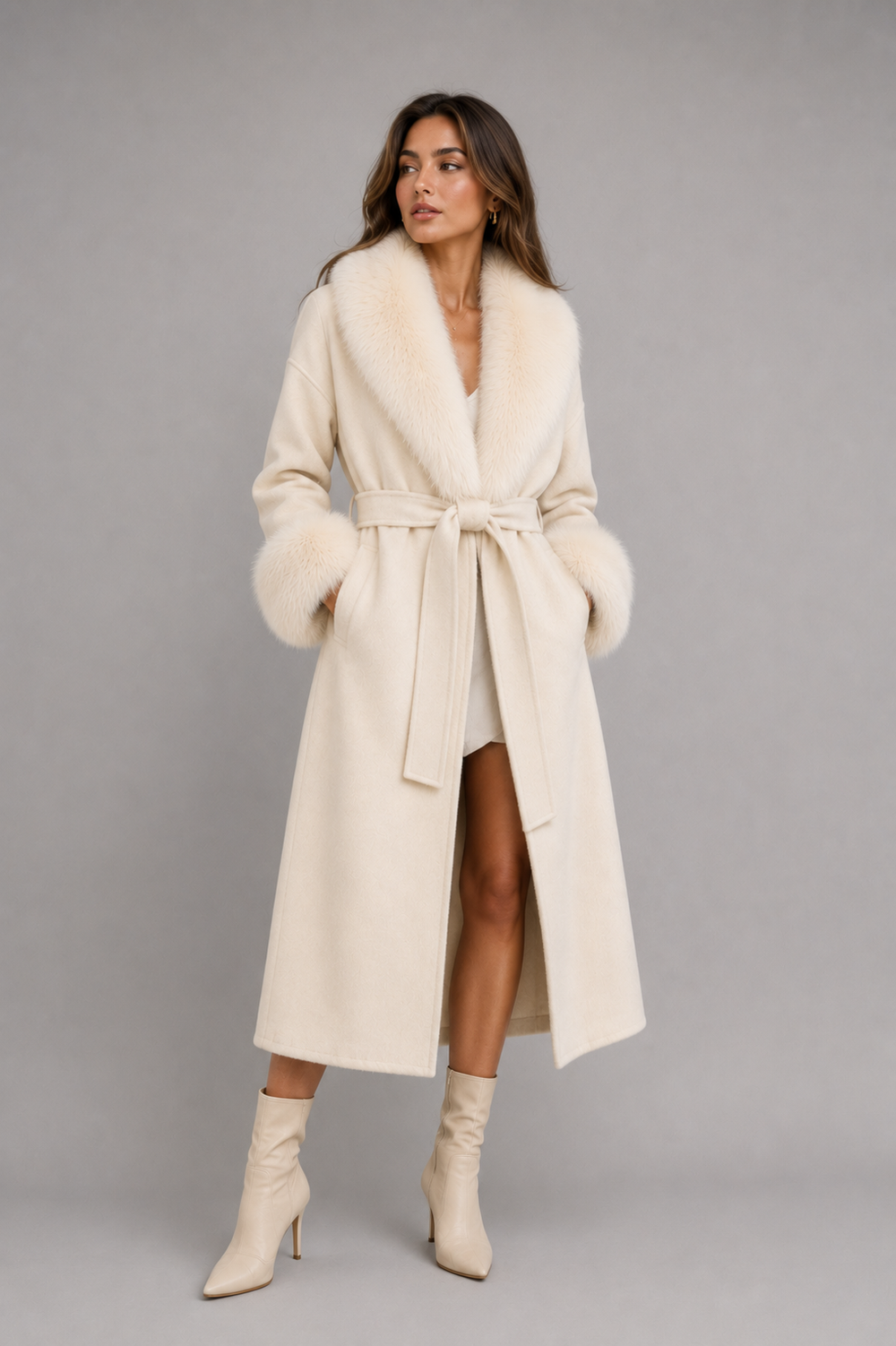 Isla women's faux fur trim belted coat by Atelier Oshea - view 2