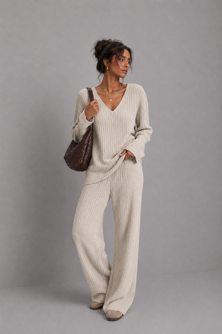 Freya | Ribbed Knit Wide-Leg Tracksuit Co-ord Set