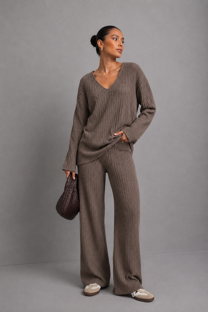 Freya | Ribbed Knit Wide-Leg Tracksuit Co-ord Set