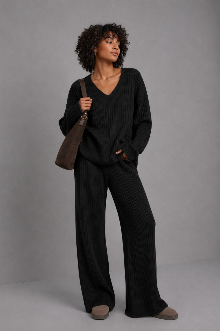 Freya | Ribbed Knit Wide-Leg Tracksuit Co-ord Set