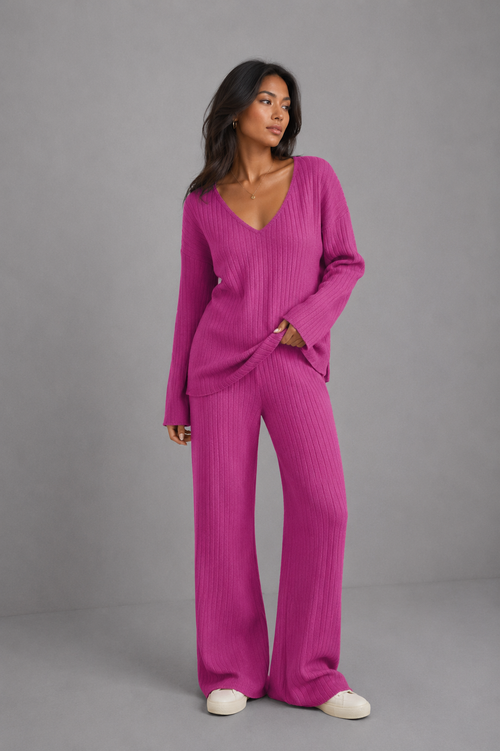 Freya | Ribbed Knit Wide-Leg Tracksuit Co-ord Set
