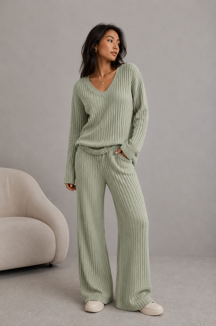 Freya | Ribbed Knit Wide-Leg Tracksuit Co-ord Set