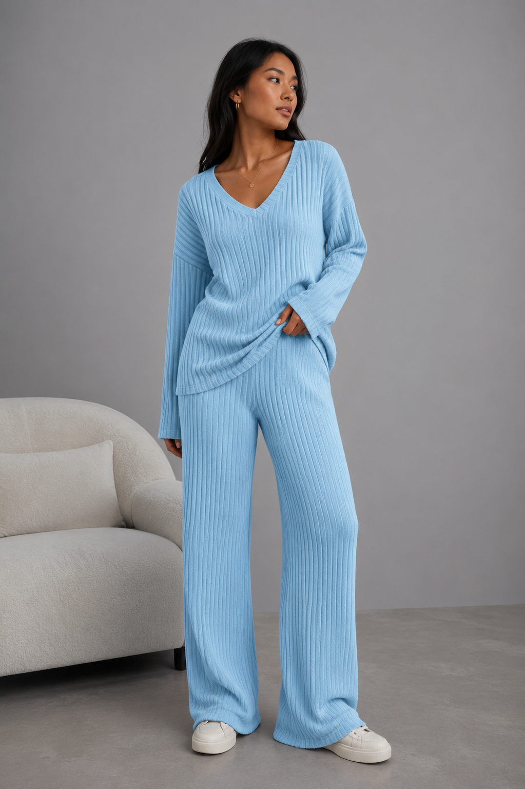 Freya | Ribbed Knit Wide-Leg Tracksuit Co-ord Set