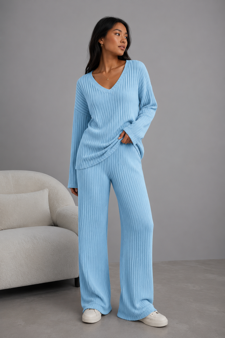Freya | Ribbed Knit Wide-Leg Tracksuit Co-ord Set