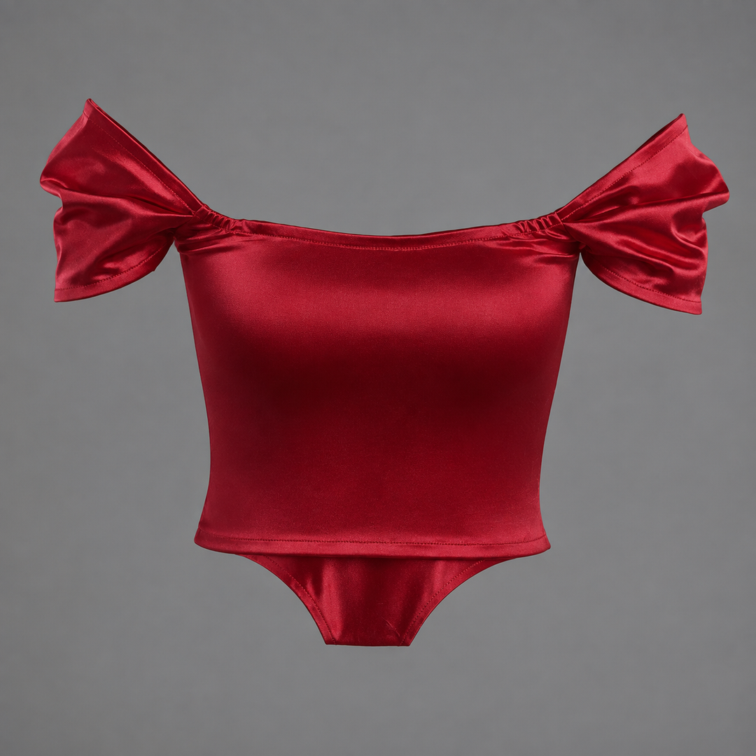 Womens off-shoulder satin corset bodysuit top, view 7