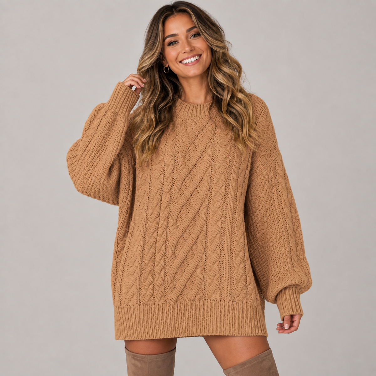 Phoebe | Chunky Cable Knit Jumper Dress with Balloon Sleeves