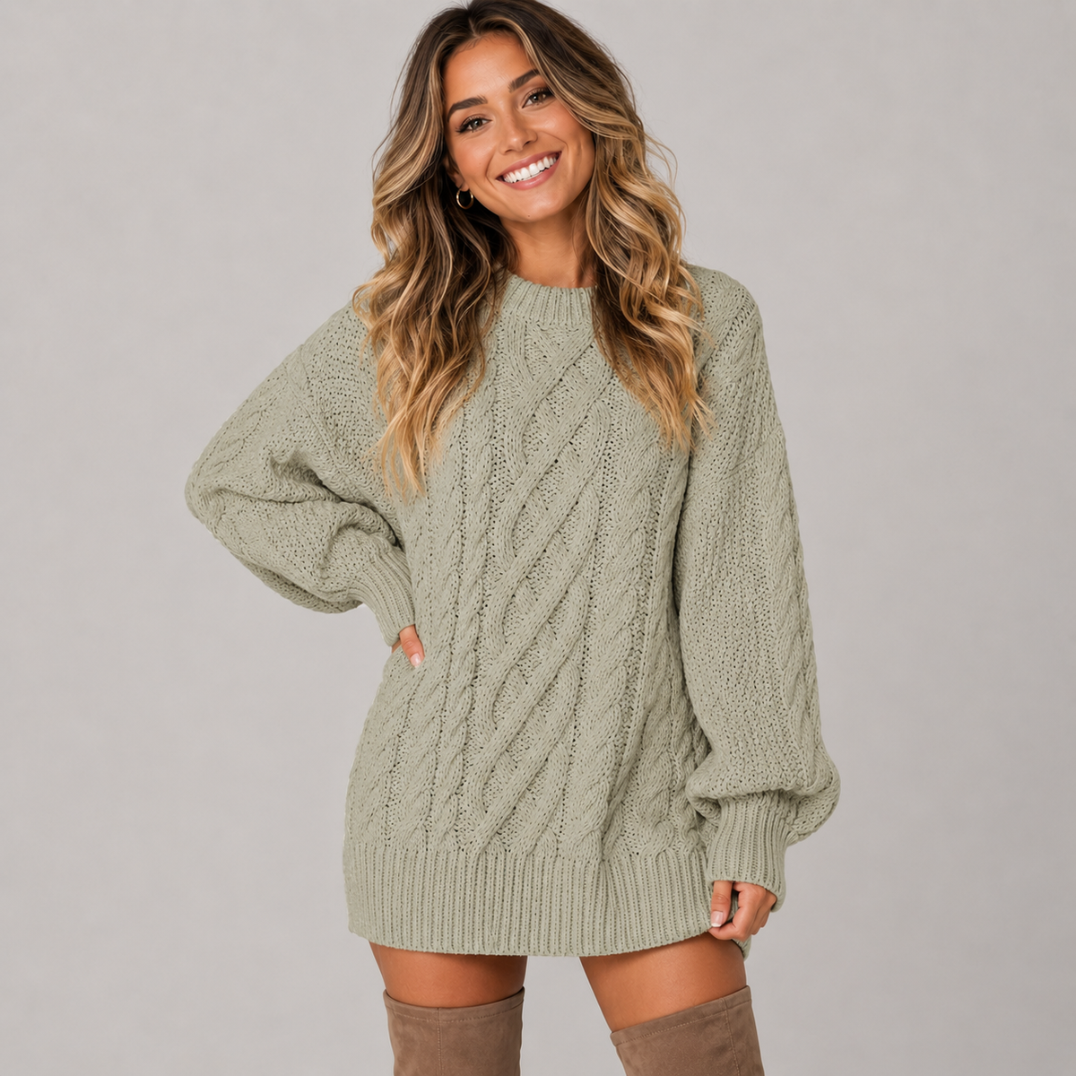 Phoebe | Chunky Cable Knit Jumper Dress with Balloon Sleeves