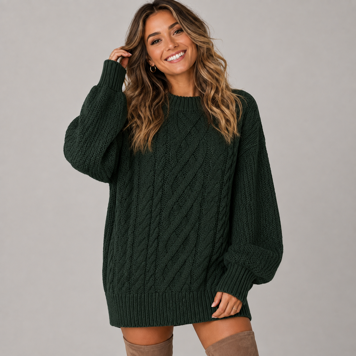 Phoebe | Chunky Cable Knit Jumper Dress with Balloon Sleeves