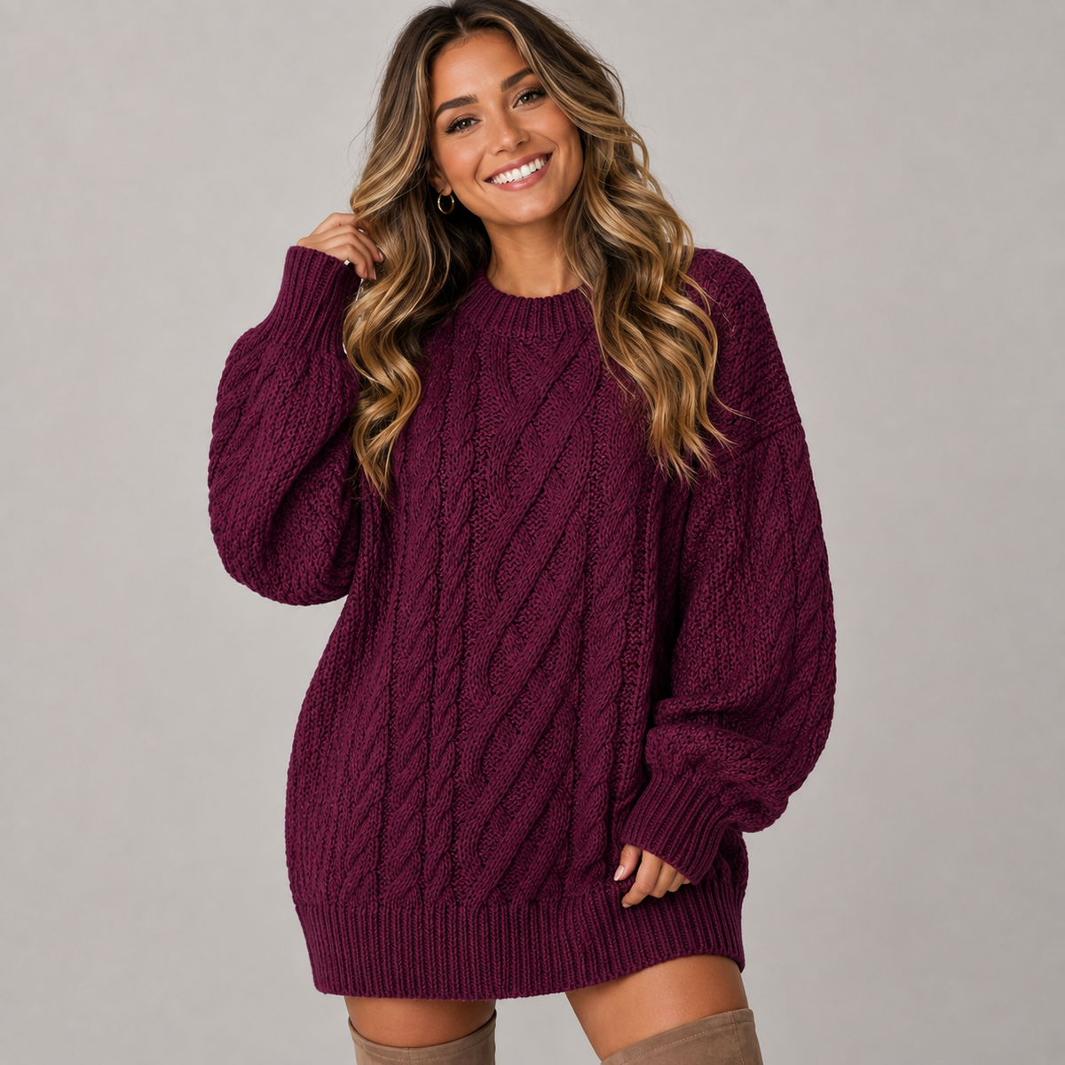 Phoebe | Chunky Cable Knit Jumper Dress with Balloon Sleeves