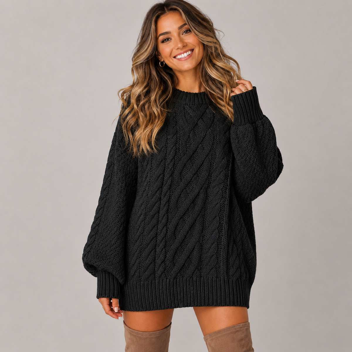 Phoebe | Chunky Cable Knit Jumper Dress with Balloon Sleeves
