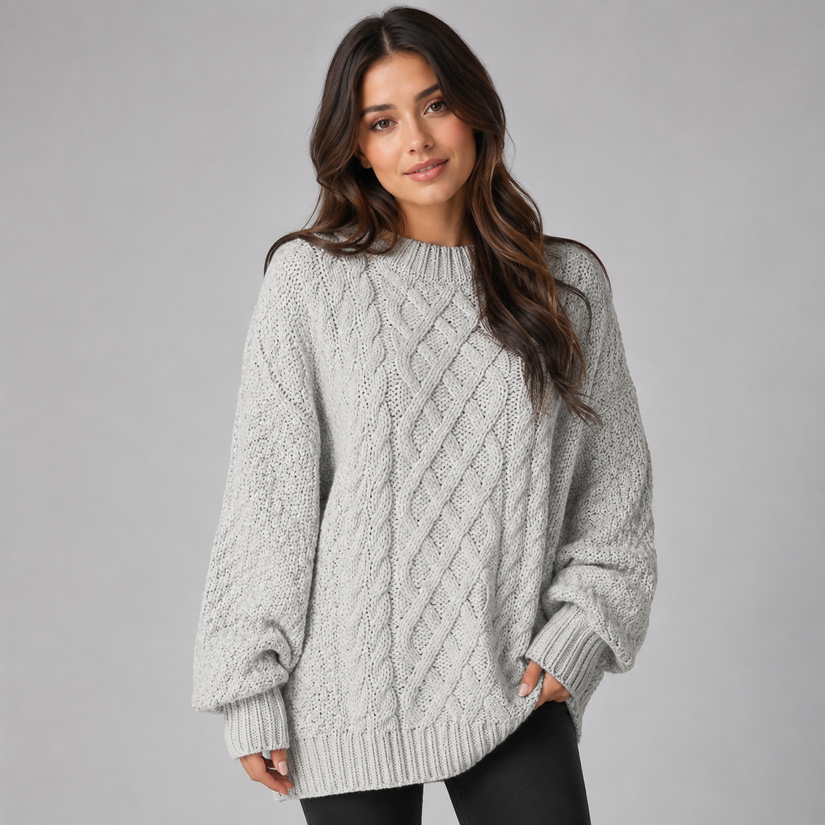 Phoebe | Chunky Cable Knit Jumper Dress with Balloon Sleeves