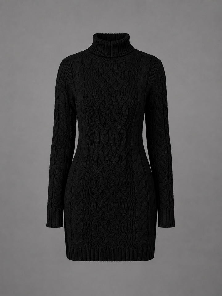 Womens cable knit turtleneck mini dress, view 1