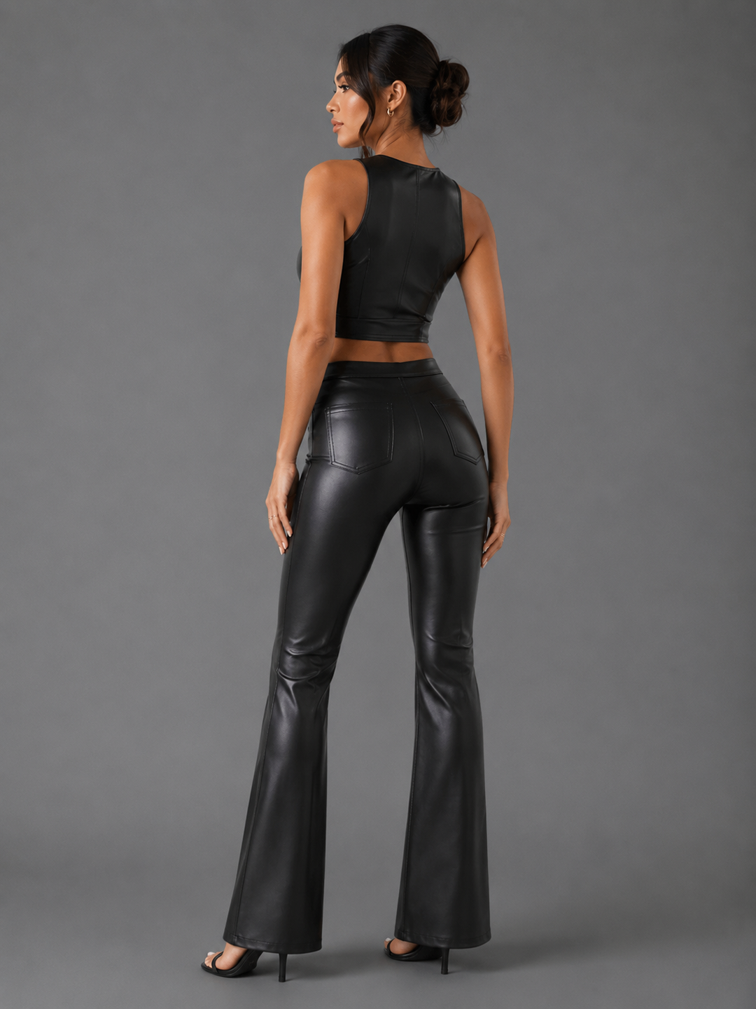 Womens faux leather high waist flare trousers, view 3
