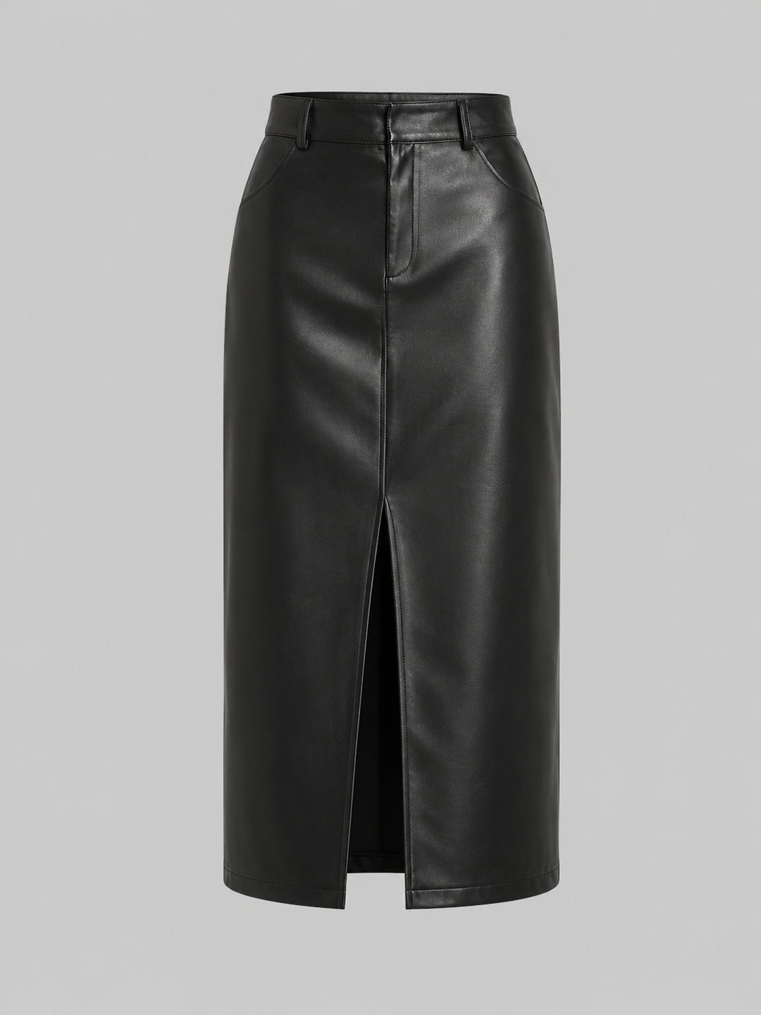 Womens faux leather front split midi skirt, view 1